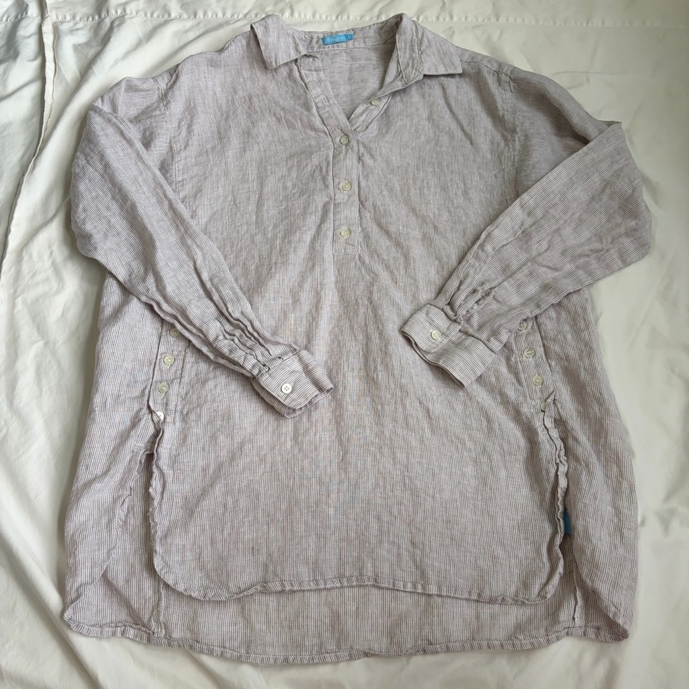 J McLaughlin 100% Linen Tunic Top Popover Brown Long Sleeve Size M